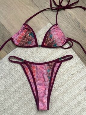 SoLD! Strawberry Milk Mob Pink Floral Bikini with Burgundy Trim